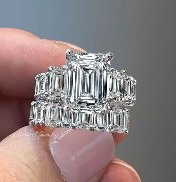 Emerald Cut Moissanite Engagement Ring set 15.1TCW Three stone moissanite bridal set hidden halo wide eternity band wedding anniversary ring