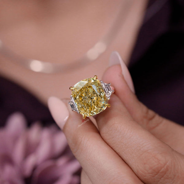 12.5CT Moissanite yellow sapphire ring large Three stone trapezoid&cushion cut engagement ring big canary diamond match sapphire bridal sets