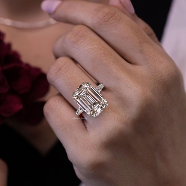 Emerald Cut Moissanite Ring Three Stone Engagement Ring side Baguette 12CT large Statement Wedding Ring Big Diamond Anniversary Ring women