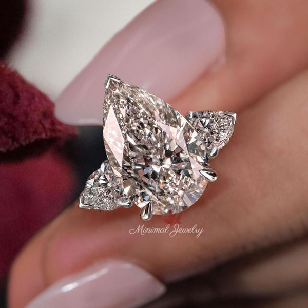 3CT pear lab grown diamond ring Three stone pear shaped engagement ring IGI certified large pear diamond anniversary wedding ring solid gold