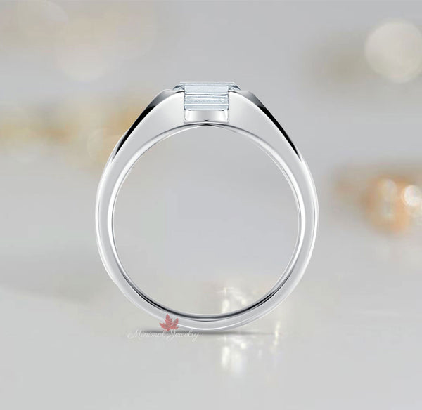 mens moissanite ring unique mens wedding band gift for him bezel set ring for men white gold mens emerald ring promise ring for him Husband