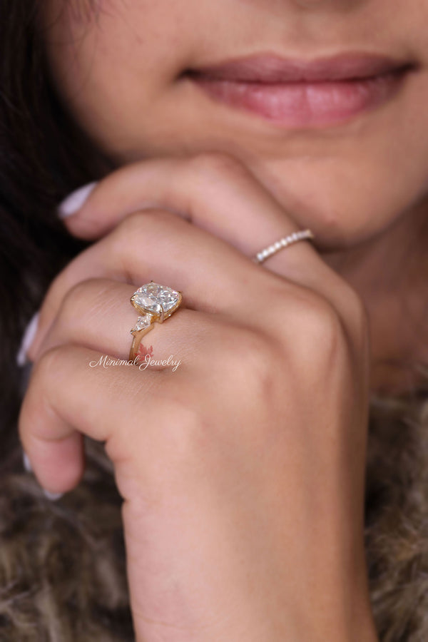 2.5 CT Cushion cut engagement ring,moissanite elongated cushion&kite cut ring,anniversary,wedding ring,unique,bezel set three stone ring