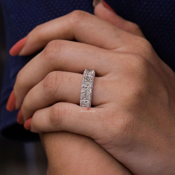 Moissanite wedding band Radiant eternity band,7.23 TCW full eternity ring,modern thick anniversary 4mm wedding band,Matching stackable rings