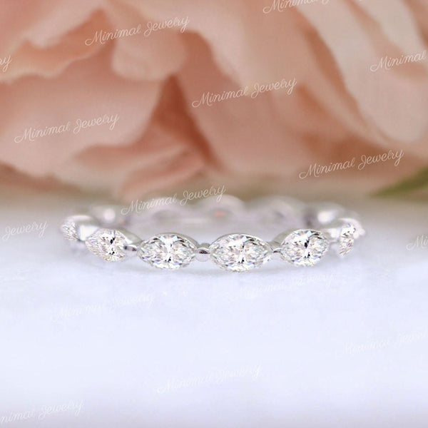 Marquise wedding band,Moissanite marquise eternity ring solid gold,dainty stackable ring,3/4 marquise band ring,thin wedding band women