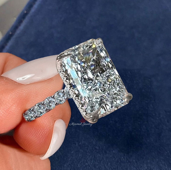 5 carat radiant moissanite engagement ring hidden halo Thick eternity band large radiant cut ring unique ring design diamond wedding ring