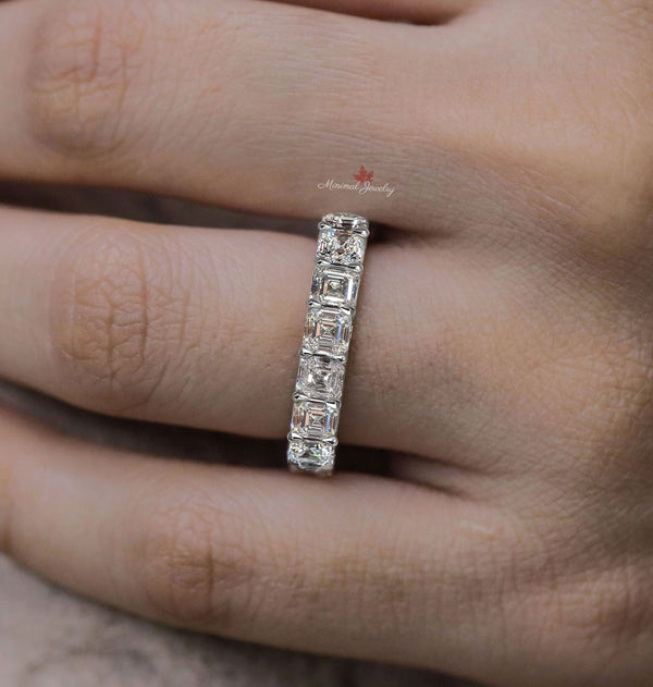 Asscher cut full eternity band,Moissanite wedding band,eternity ring white gold,modern thick,unique 4mm wedding band,Matching Stacking ring