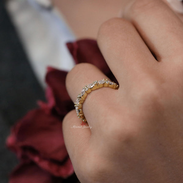 moissanite wedding band,unique marquise band ring,vintage,half eternity cluster ring,marquise wedding band,Solid Gold dainty Stacking ring