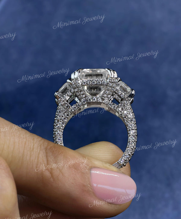 11.6 TCW 3 stone Emerald cut moissanite engagement Ring,unique celebrity style,large Three stone moissanite,hidden halo,3 row wedding ring