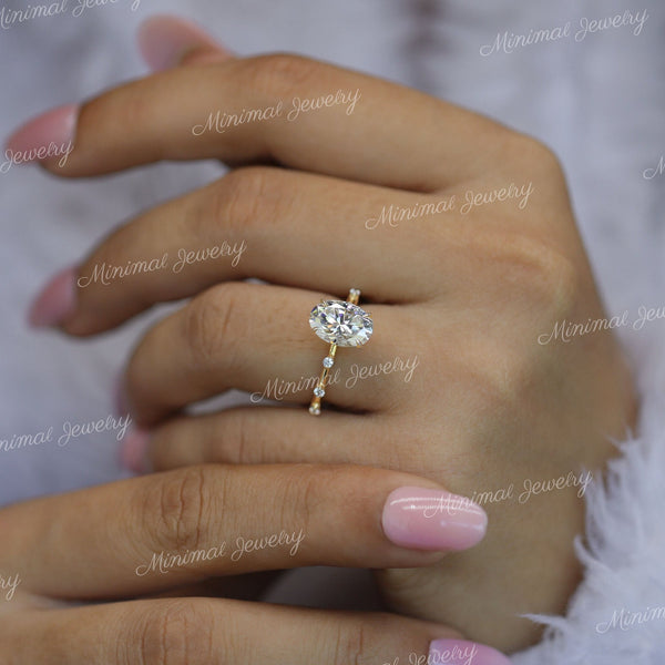 2.5 CT oval moissanite engagement ring,distance pave space,unique,solitaire hidden halo,oval engagement ring,14k solid gold,anniversary ring