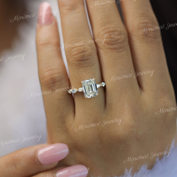2.5CT emerald cut Moissanite engagement ring,unique,vintage style engagement ring,hidden halo,Moissanite emerald solitaire ring,wedding ring
