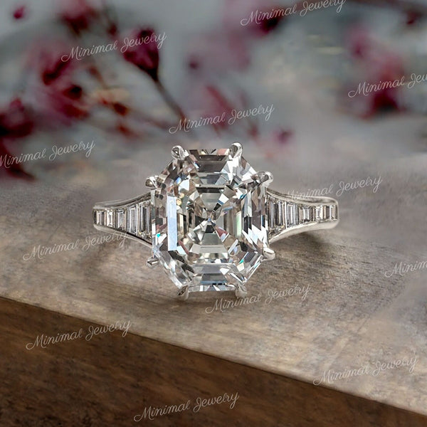 Asscher cut engagement ring solitaire moissanite hexagon ring low profile gold cathedral ring art deco 3.5CT asscher wedding ring for bridal