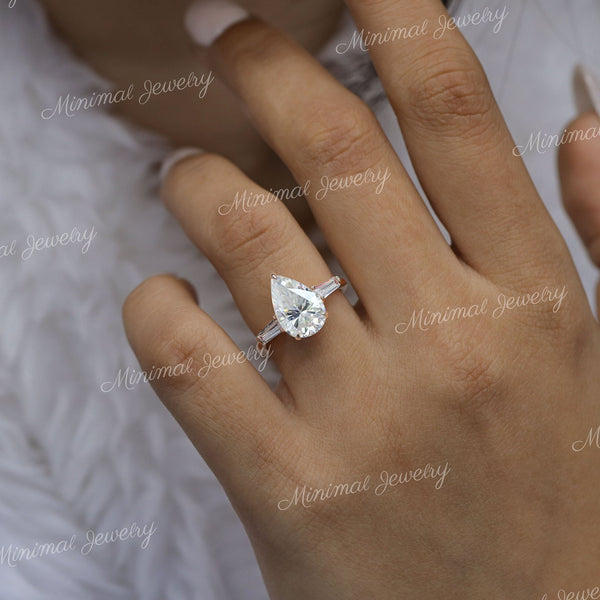 3.98 TCW Three stone engagement ring,pear moissanite,hidden halo,side Baguette,unique three stone ring,14k rose gold,wedding ring,women