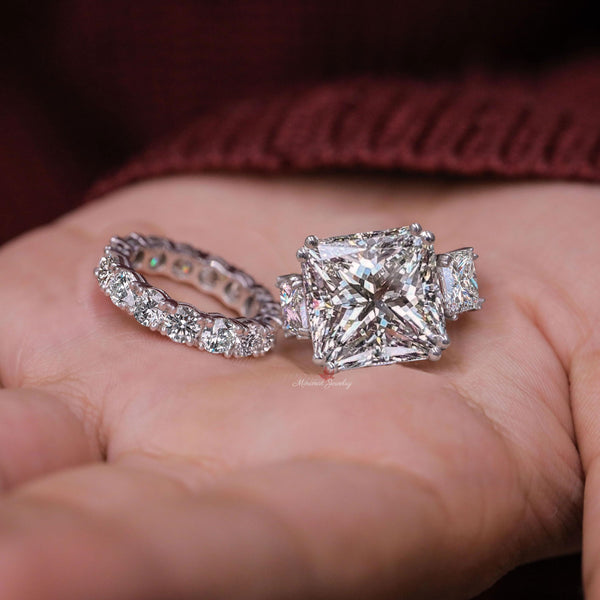 9.5CT Princess Cut Moissanite Bridal Set Three Stone Engagement Ring with Wedding Band Anniversary Wedding Ring Set 14k white gold