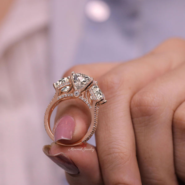 6 CT Three stone oval cut moissanite engagement ring hidden halo cathedral ring set large moissanite 3 stone wedding ring anniversary ring