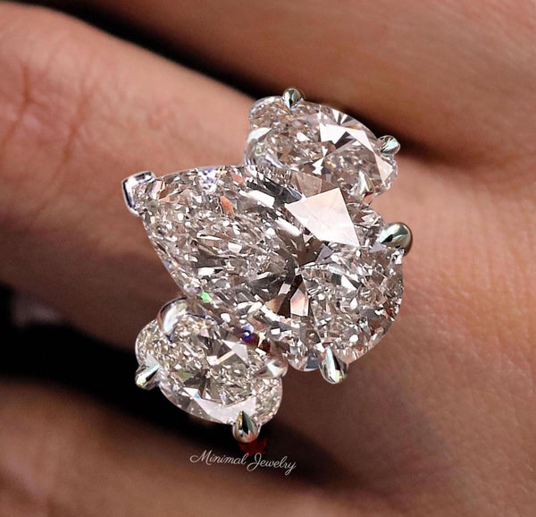 Pear Lab Grown Diamond Engagement Ring Three stone Wedding ring 4CT pear shaped CVD lab created diamond Teardrop annivesary ring 14k gold