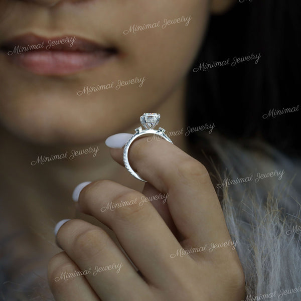 2.5CT Three stone cushion cut moissanite engagement ring,hidden halo,elongated cushion Moissanite cluster ring,white gold meghan markle ring