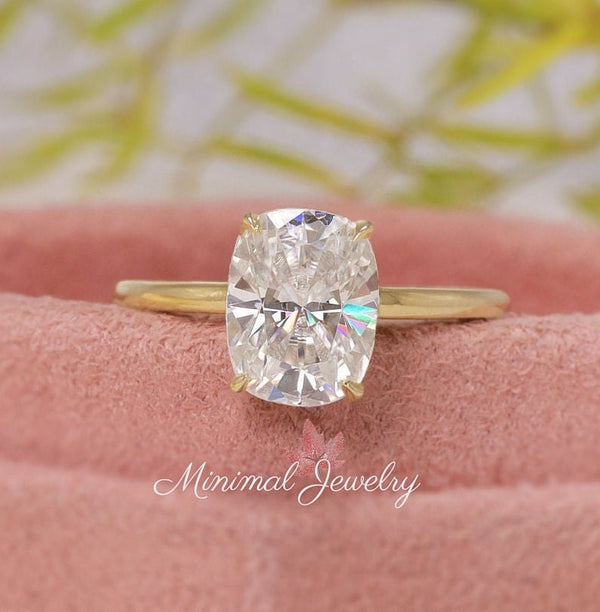 2.5CT cushion cut moissanite engagement ring solitaire elongated cushion moissanite ring hidden halo ring 14k gold anniversary wedding ring