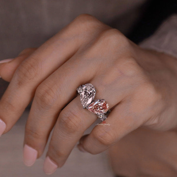 5.5CT Two stone ring pear shaped engagement ring Toi et moi hidden halo pear moissanite&pink pear morganite ring double diamond wedding ring