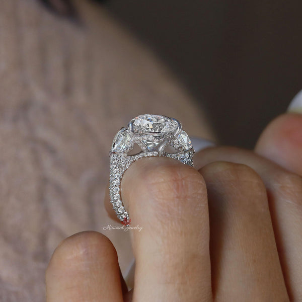 8ct Pear Moissanite Three Stone Engagement Ring: Hidden Halo, 14k White Gold