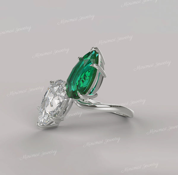 9TCW Toi et moi ring,pear shaped engagement ring,two stone pear moissanite&lab Emerald ring,unique double stone celebrity style wedding ring