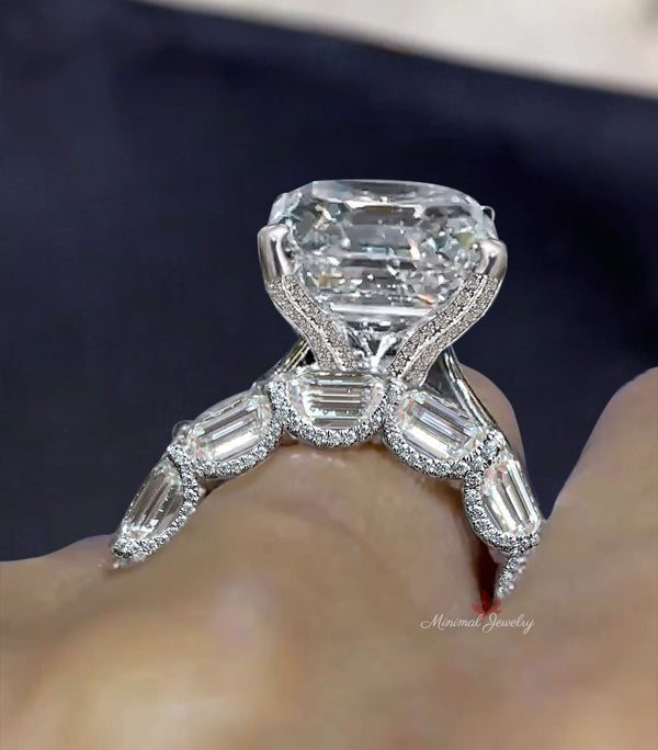 Asscher moissanite engagement ring set wedding band set 9CT solitaire asscher cut ring with half eternity band large diamond cocktail ring