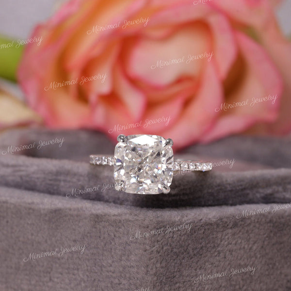 3 CT square cut cushion moissanite ring hidden halo,solitaire cushion cut engagement ring,14k white gold square cut ring,simple wedding ring