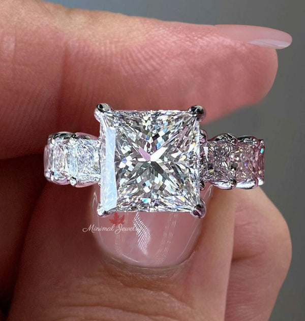 5.5CT princess cut solitaire engagement ring Large moissanite wide eternity band princess cut moissanite engagement ring,unique wedding ring