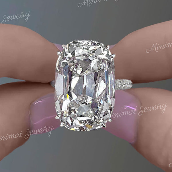 17.5 CT Old Mine Cushion Cut Moissanite Engagement Ring: Hidden Halo, Three Row Pave
