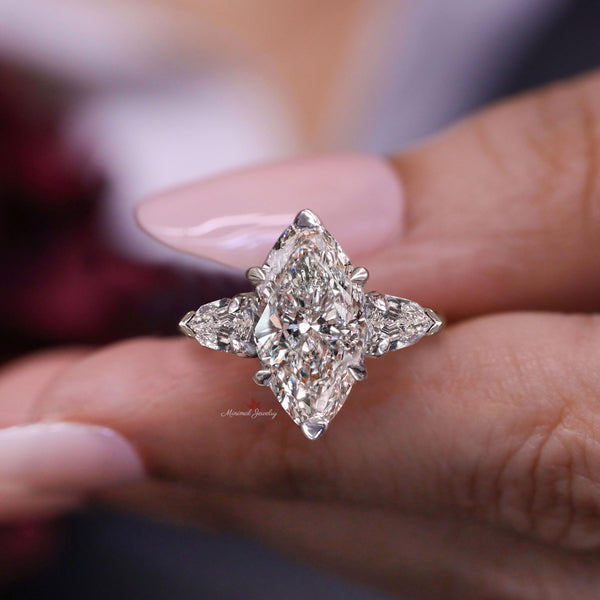 4 CT Three stone moissanite marquise engagement ring,unique celebrity style,shield&large marquise cut,big diamond alternative,wedding ring