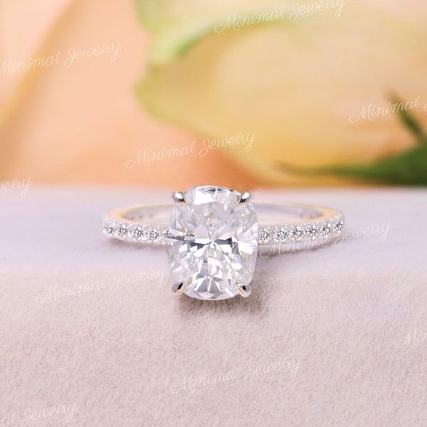 2.5 CT cushion cut engagement ring hidden halo 14k white gold unique solitaire pave prong elongated cushion moissanite ring anniversary ring