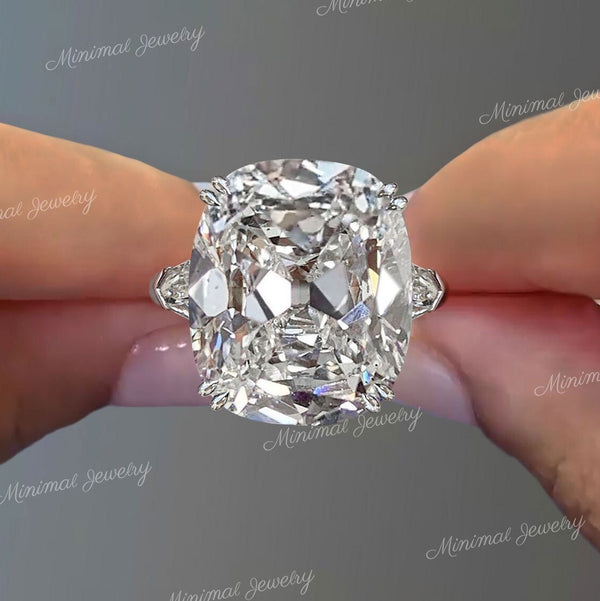 19 CT Old mine cut cushion moissanite ring large elongated cushion cut engagement ring Three stone big diamond ring edwardian wedding ring
