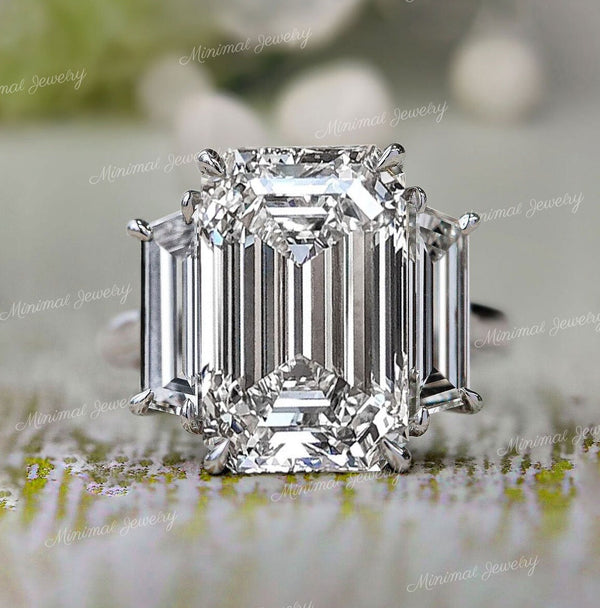 12.1TCW Three stone emerald cut moissanite ring,3 stone emerald cut engagement ring,white gold,big large celebrity style,unique wedding ring