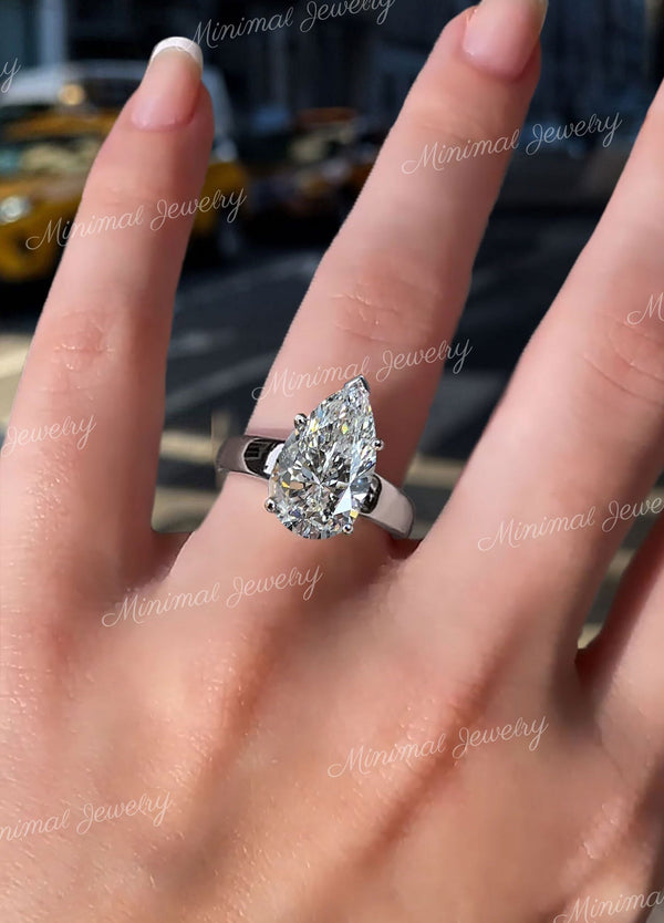 4 CT pear shaped engagement ring unique solitaire pear moissanite engagement ring Thick wide band low profile ring teardrop wedding ring