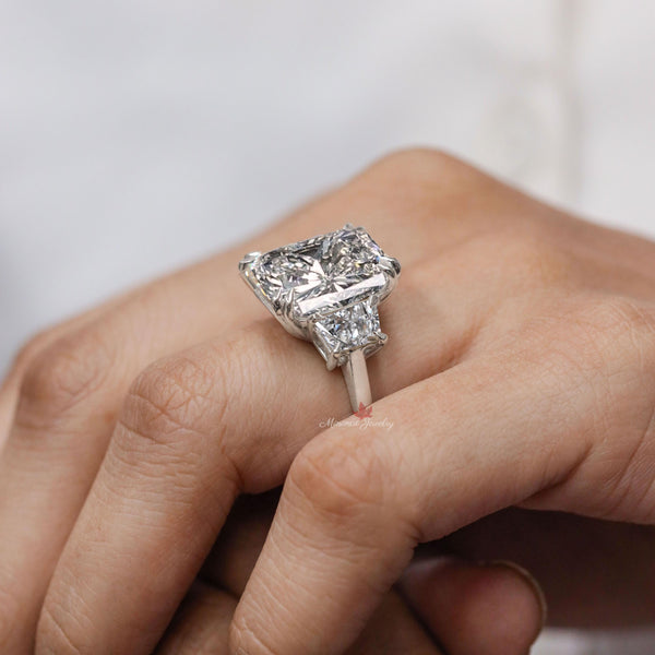 15ct Radiant Cut Moissanite Engagement Ring 14K Gold Three Stone Ring with Side Trapezoids Large Wedding Anniversary Statement Ring