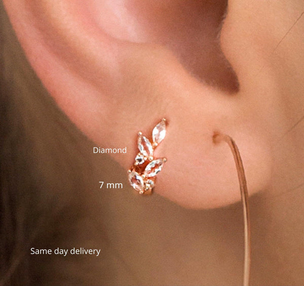 Diamond huggie earrings,huggie hoop earrings,14k solid gold earrings,small,cartilage hoop,leaf•marquise diamond hoops•cartilage earring