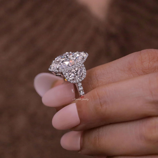 4 CT Three stone moissanite marquise halo engagement ring,half moon&large marquise cut wedding ring,celebrity style Three stone halo ring