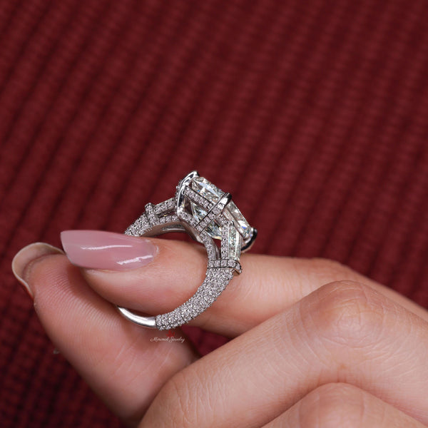 9CT lab grown diamond ring Three stone Emerald cut engagement ring IGI certified large diamond wedding ring hidden halo anniversary gift her