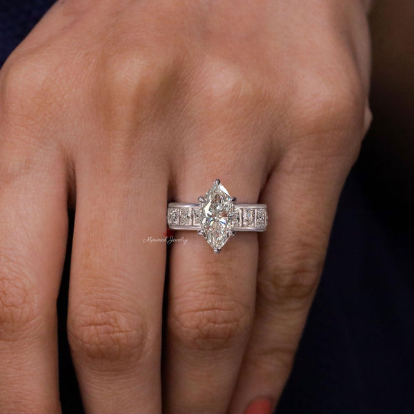 2CT Marquise Moissanite Engagement Ring channel set Solitaire eternity wide band Wedding Ring White Gold Bridal Ring Anniversary Gift ring