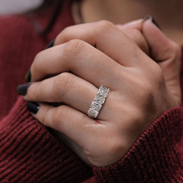 Radiant cut five stone ring,5 Moissanite wedding band,unique half eternity wedding band,thick stacking rings,women,anniversary gift 5 years