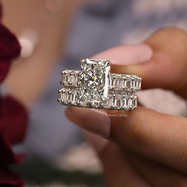 Lab grown diamond Radiant cut engagement ring set 5.5 CT IGI Certified Solitaire diamond Hidden Halo Eternity band Wedding Anniversary Ring