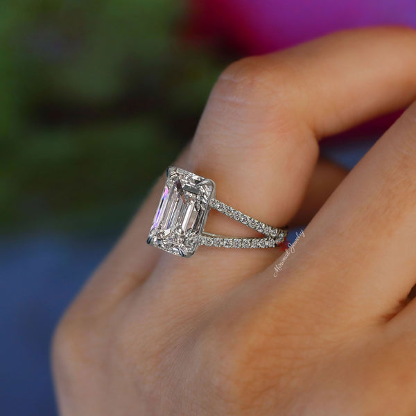 Emerald cut moissanite engagement ring split band solitaire 4.5 carat unique emerald cut moissanite ring split shank wedding ring for women