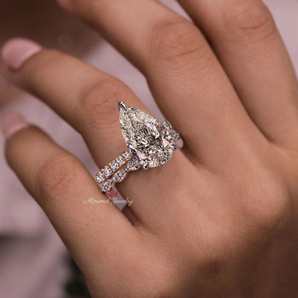 5CT pear cut moissanite engagement ring set Rose gold pear shape engagement ring solitaire cathedral two tone ring anniversary wedding ring