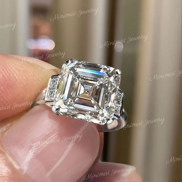 Asscher cut moissanite ring 5.5CT unique art deco asscher cut engagement ring 14k gold wedding ring women anniversary gift 5 stone ring