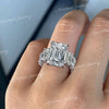 4.4ct emerald cut moissanite ring Three stone engagement ring Hidden Halo Wide Band 14k White Gold Wedding Anniversary Ring for Women