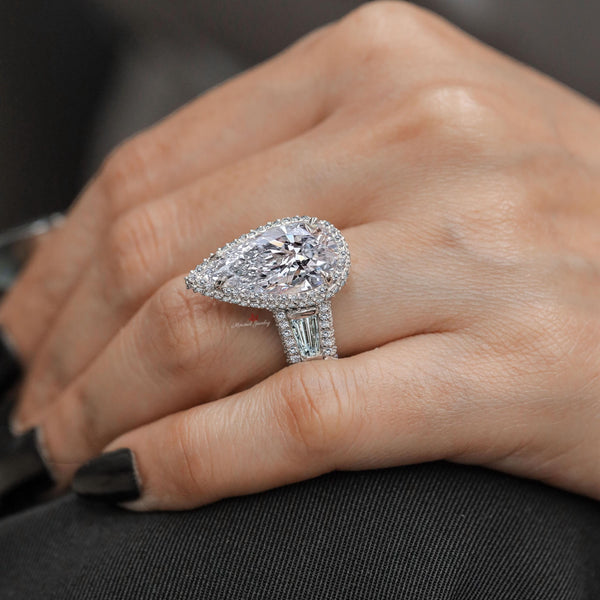 7 CT Large pear halo engagement ring pear moissanite engagement ring crushed ice pear shaped ring wide band art deco Diamond wedding ring