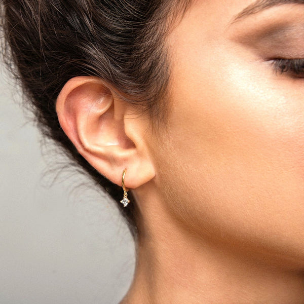 small hoop earrings with charm,diamond drop hoops,solid gold hoops,14k gold huggie earrings,cartilage hoop,tiny gold hoops•dangle earrings