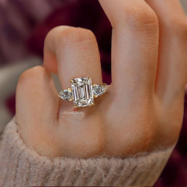 4.5CT lab grown diamond ring Three stone Emerald cut engagement ring hidden halo IGI certified diamond wedding ring for women anniversary