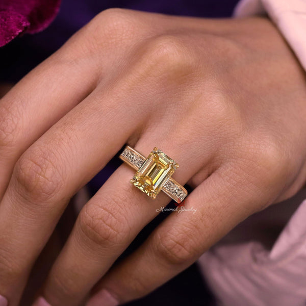 Emerald Cut Yellow Lab Grown Diamond Ring Bezel Set Engagement 5CT IGI Certified diamond Wedding Channel Set Wide Band Anniversary Ring