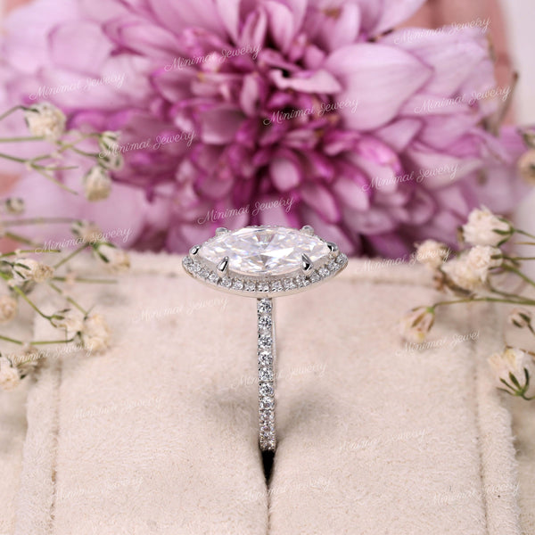 2 CT Marquise Moissanite Engagement Ring: 14k White Gold Halo