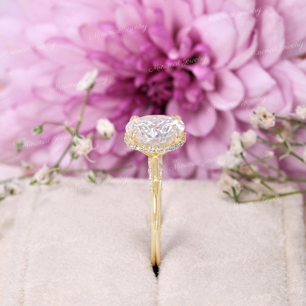 2.5 CT oval engagement ring,moissanite oval solitaire ring,hidden halo,modern,pave bridge,wedding ring,women,promise ring,14k yellow gold